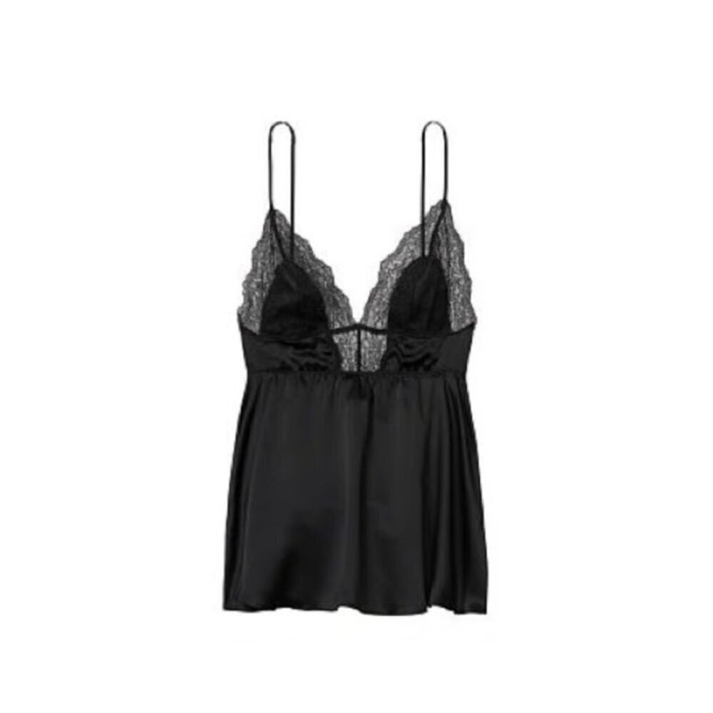 New! Victoria’s Secret Black Satin & Lace Babydoll Chemises Top L 41796